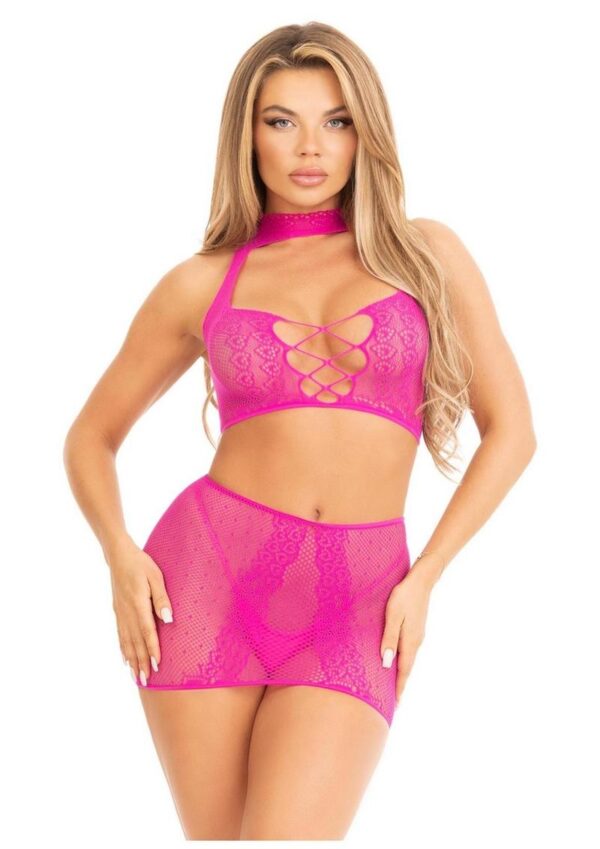 Leg Avenue Dotted Net and Lace Halter Crop Top with Faux Lace Up Front and Mini Skirt (2 Piece) - OS - Magenta