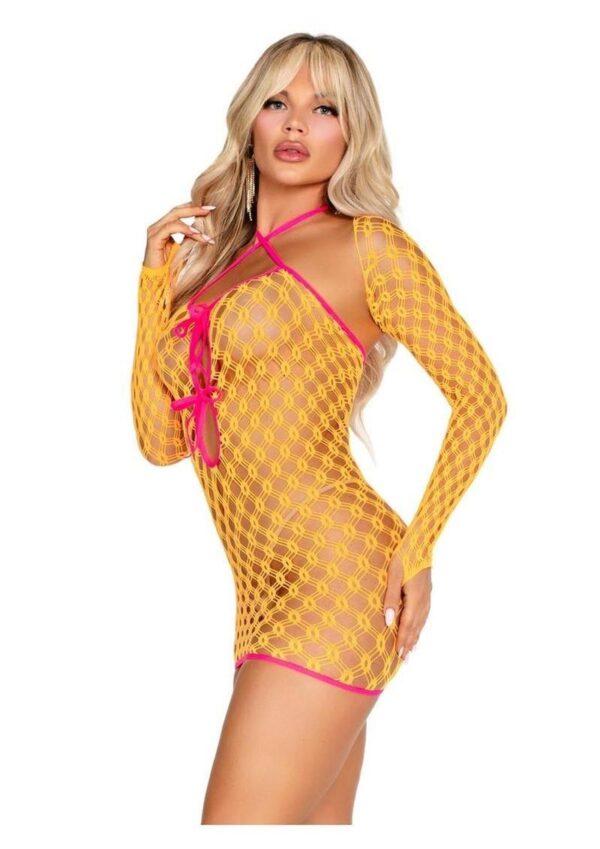 Leg Avenue Eyelet Net Mini Dress with Tie-Front Keyhole Detail and Shrug (2 Piece) - O/S - Image 2