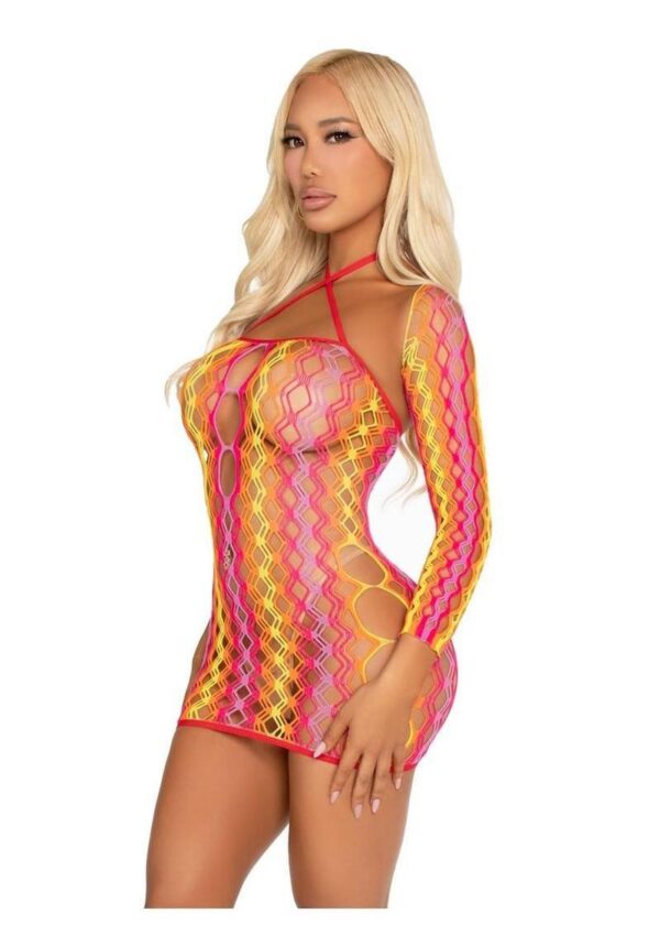 Leg Avenue Zig Zag Net Twist Halter Mini Dress with Keyhole Detail and Shrug (2 Piece) - Multi Color - O/S - Image 2
