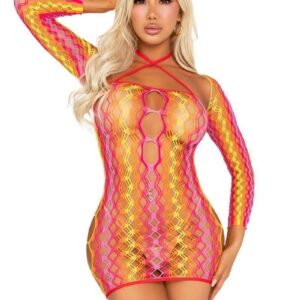 Leg Avenue Zig Zag Net Twist Halter Mini Dress with Keyhole Detail and Shrug (2 Piece) - Multi Color - O/S