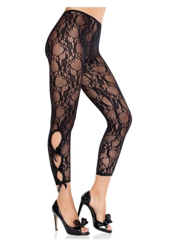 Leg Avenue Scalloped Trimmed Floral Lace Footless Capri Tights with Keyhole Bow Detail - Black - O/S - Image 2