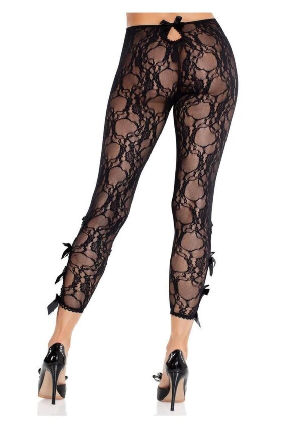 Leg Avenue Scalloped Trimmed Floral Lace Footless Capri Tights with Keyhole Bow Detail - Black - O/S - Image 3