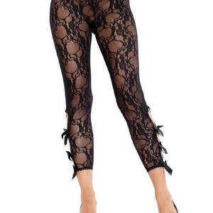 Leg Avenue Scalloped Trimmed Floral Lace Footless Capri Tights with Keyhole Bow Detail - Black - O/S