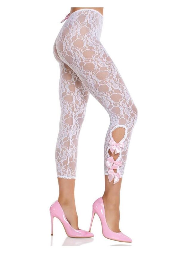 Leg Avenue Scalloped Trimmed Floral Lace Footless Capri Tights with Keyhole Bow Detail - White - O/S - Image 2