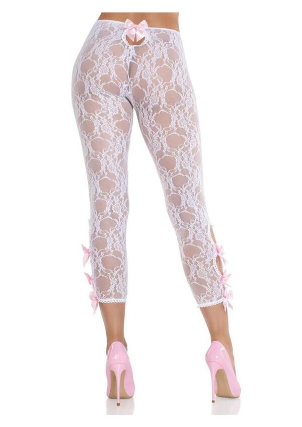Leg Avenue Scalloped Trimmed Floral Lace Footless Capri Tights with Keyhole Bow Detail - White - O/S - Image 3