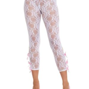 Leg Avenue Scalloped Trimmed Floral Lace Footless Capri Tights with Keyhole Bow Detail - White - O/S