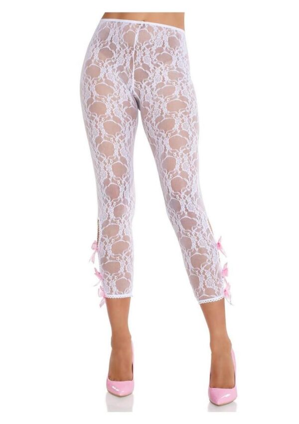Leg Avenue Scalloped Trimmed Floral Lace Footless Capri Tights with Keyhole Bow Detail - White - O/S