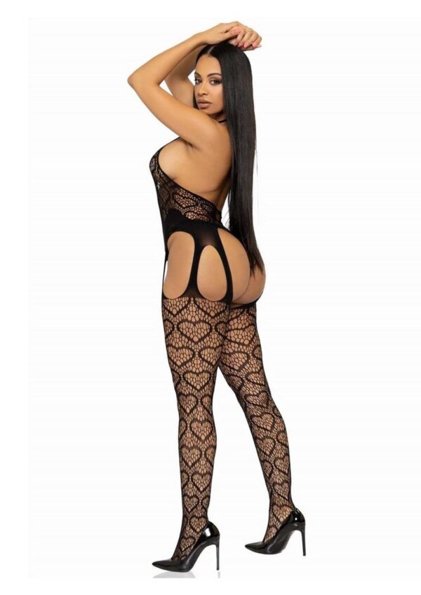 Leg Avenue Seamless Heart Net Suspender Bodystocking - OS - Black - Image 2