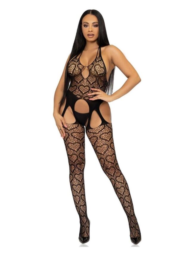 Leg Avenue Seamless Heart Net Suspender Bodystocking - OS - Black - Image 4