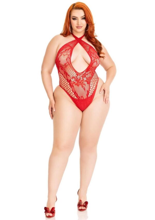 Leg Avenue Lace and Net Keyhole Crossover Halter Teddy - 1X/2X - Red - Image 3