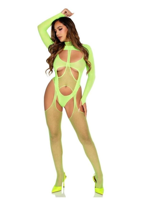 Leg Avenue Fishnet Halter Suspender Bodystocking and Layered Opaque Cut-Out Teddy (2 Piece) - Green - O/S - Image 4