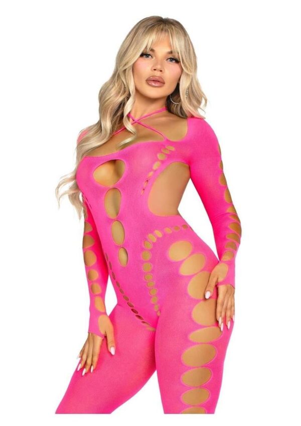 Leg Avenue Seamless Opaque Cut-Out Footless Bodystocking - Pink - O/S - Image 2