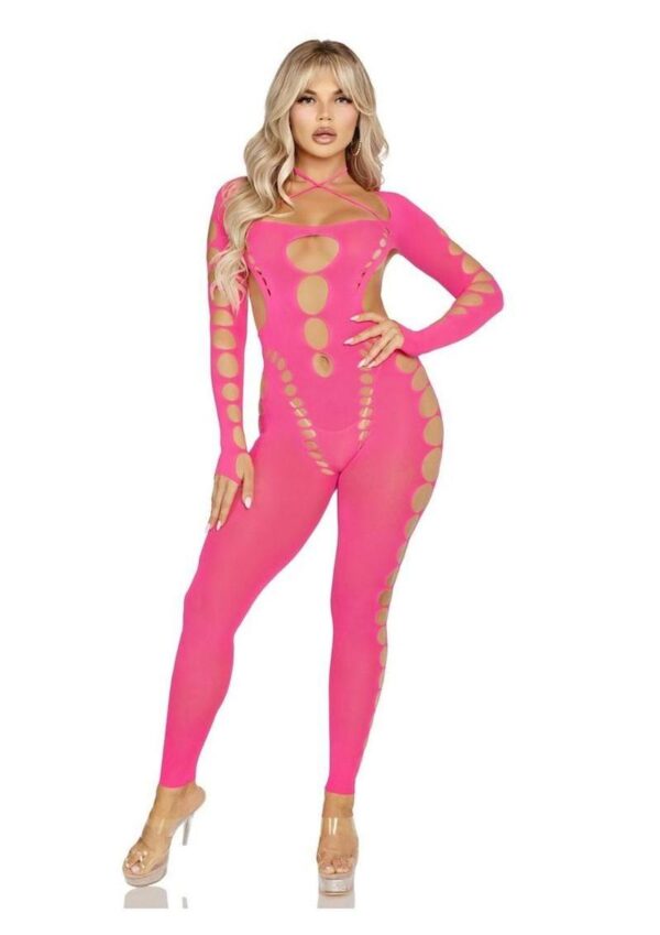 Leg Avenue Seamless Opaque Cut-Out Footless Bodystocking - Pink - O/S - Image 4