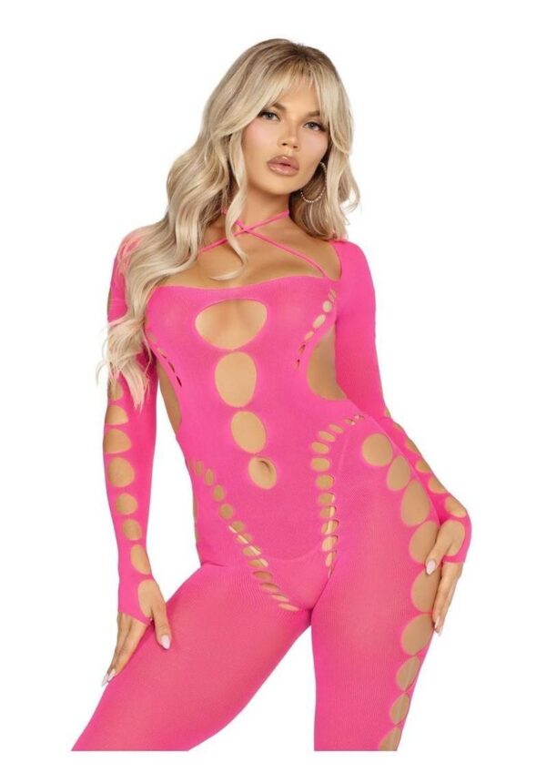 Leg Avenue Seamless Opaque Cut-Out Footless Bodystocking - Pink - O/S