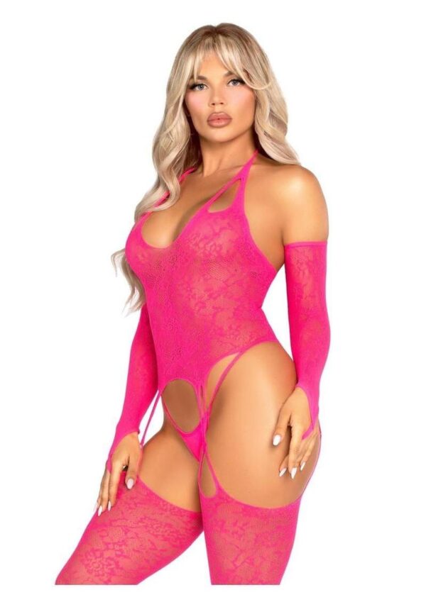 Leg Avenue Lace Halter Footless Cami Garter with Attached Toe Loop Stockings and Arm Warmers - Pink - O/S - Image 2