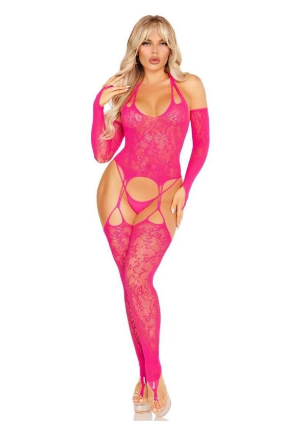 Leg Avenue Lace Halter Footless Cami Garter with Attached Toe Loop Stockings and Arm Warmers - Pink - O/S - Image 4