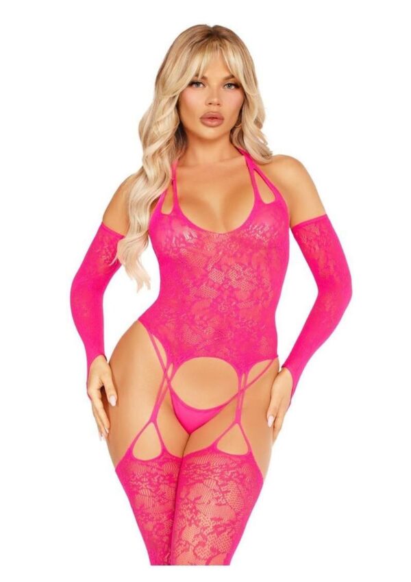 Leg Avenue Lace Halter Footless Cami Garter with Attached Toe Loop Stockings and Arm Warmers - Pink - O/S