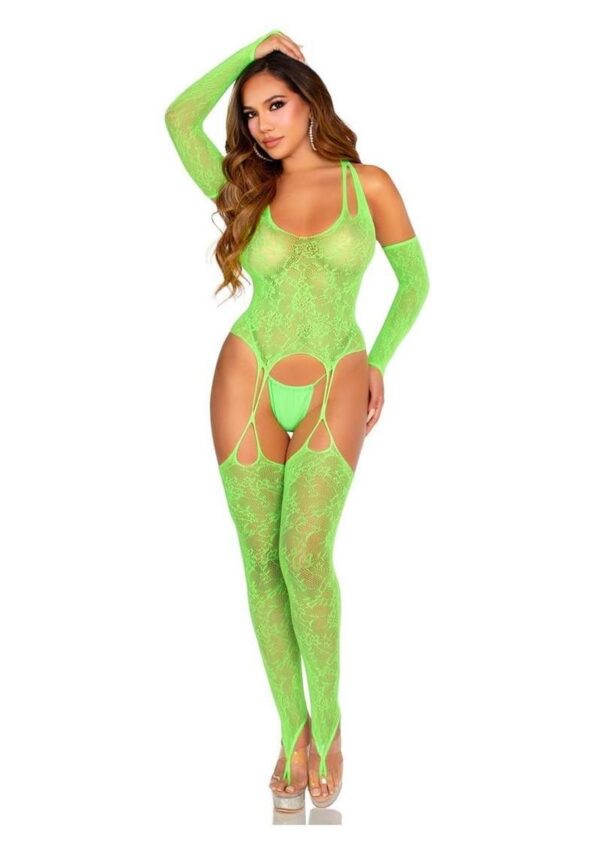 Leg Avenue Lace Halter Footless Cami Garter with Attached Toe Loop Stockings and Arm Warmers (2 Piece) - O/S - Image 4