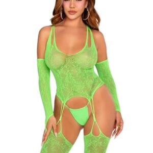 Leg Avenue Lace Halter Footless Cami Garter with Attached Toe Loop Stockings and Arm Warmers (2 Piece) - O/S