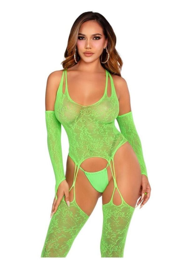 Leg Avenue Lace Halter Footless Cami Garter with Attached Toe Loop Stockings and Arm Warmers (2 Piece) - O/S