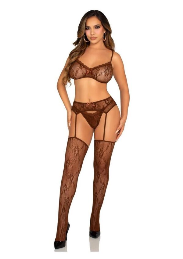 Leg Avenue Lace Bra Top with Mini Bow Detail, V-Front G-String, and Garter Belt Stockings - Cocoa - O/S - Image 4