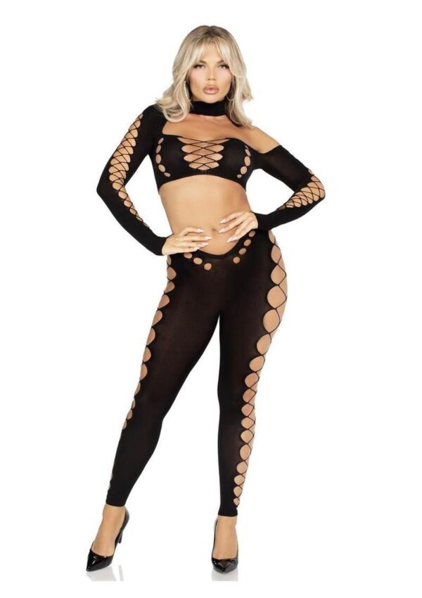 Leg Avenue Seamless Asymmetrical Cut Out Crop Top and Footless Tights - Black - O/S - Image 4