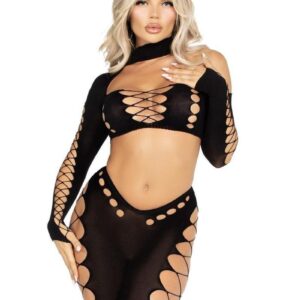 Leg Avenue Seamless Asymmetrical Cut Out Crop Top and Footless Tights - Black - O/S