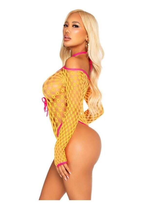 Leg Avenue Eyelet Net Teddy with Tie-Front Keyhole Detail - O/S - Image 2