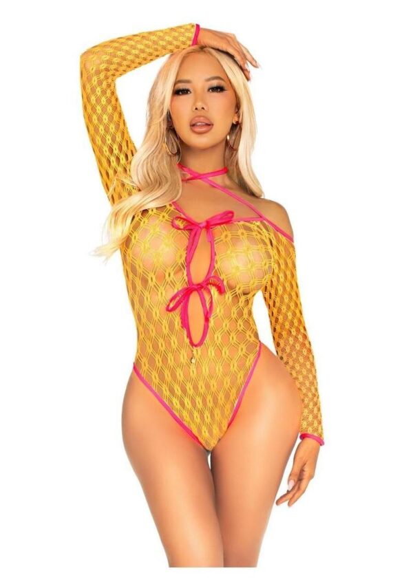 Leg Avenue Eyelet Net Teddy with Tie-Front Keyhole Detail - O/S