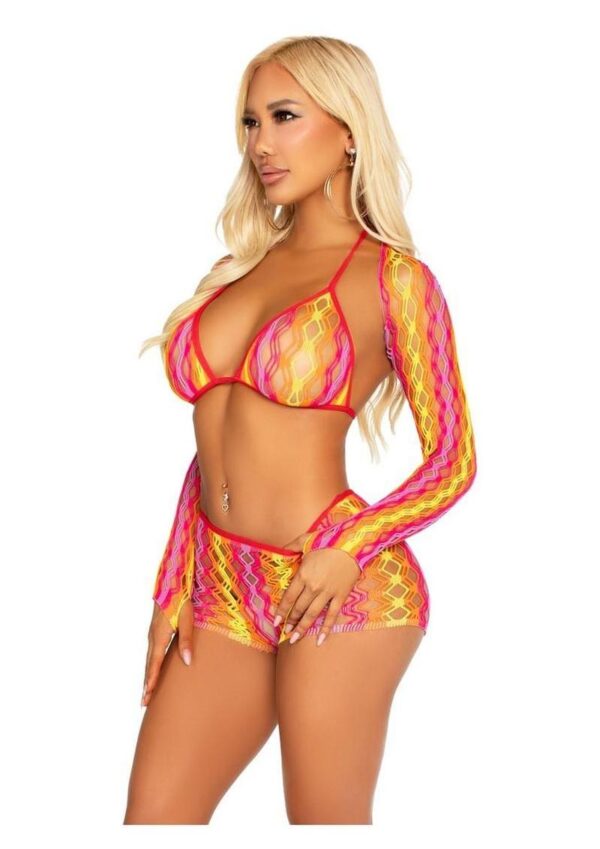 Leg Avenue Zig Zag Net Bikini Top, Boyshorts, and Shrug  - Multicolor - O/S - Image 2