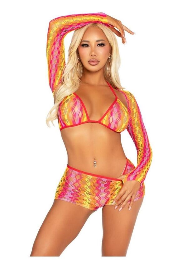 Leg Avenue Zig Zag Net Bikini Top, Boyshorts, and Shrug  - Multicolor - O/S