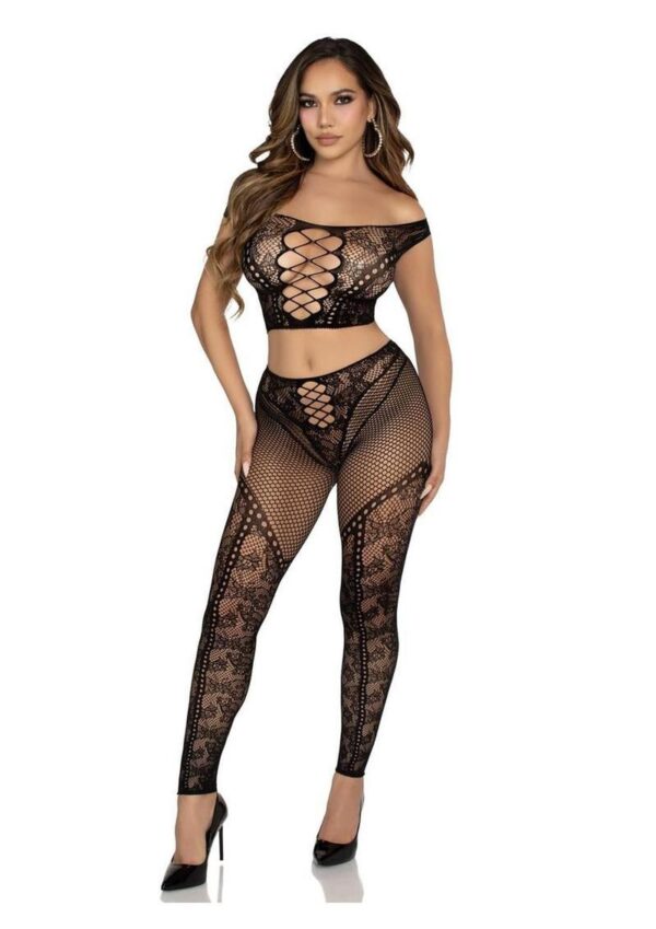 Leg Avenue Net and Lace Off-the-Shoulder Crop Top and Footless Tights (2 Piece) - Black - O/S - Image 4