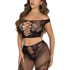 Leg Avenue Net and Lace Off-the-Shoulder Crop Top and Footless Tights (2 Piece) - Black - O/S