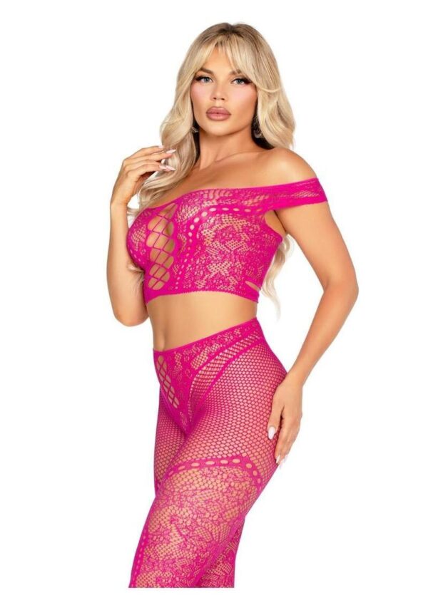 Leg Avenue Net and Lace Off-the-Shoulder Crop Top and Footless Tights (2 Piece) - Magenta - O/S - Image 2