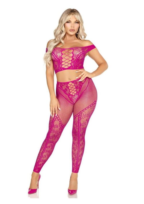 Leg Avenue Net and Lace Off-the-Shoulder Crop Top and Footless Tights (2 Piece) - Magenta - O/S - Image 4