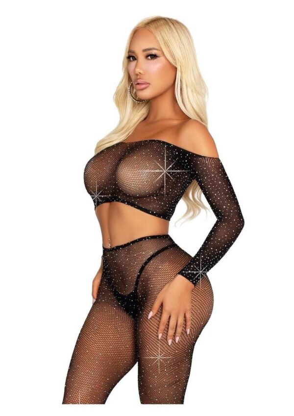 Leg Avenue Rhinestone Fishnet Crop Top and Footless Tights - Black - O/S - Image 2