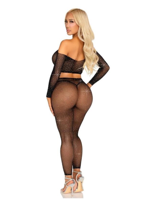 Leg Avenue Rhinestone Fishnet Crop Top and Footless Tights - Black - O/S - Image 3