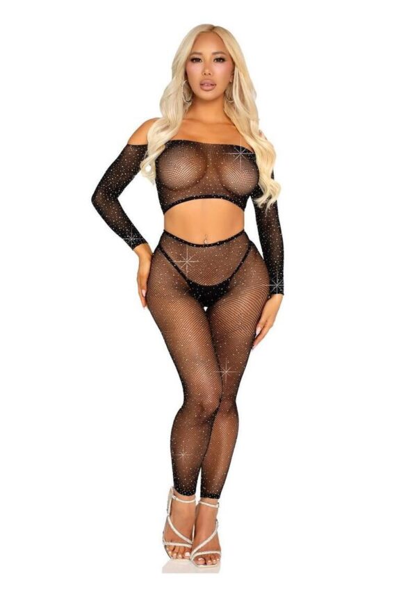 Leg Avenue Rhinestone Fishnet Crop Top and Footless Tights - Black - O/S - Image 4