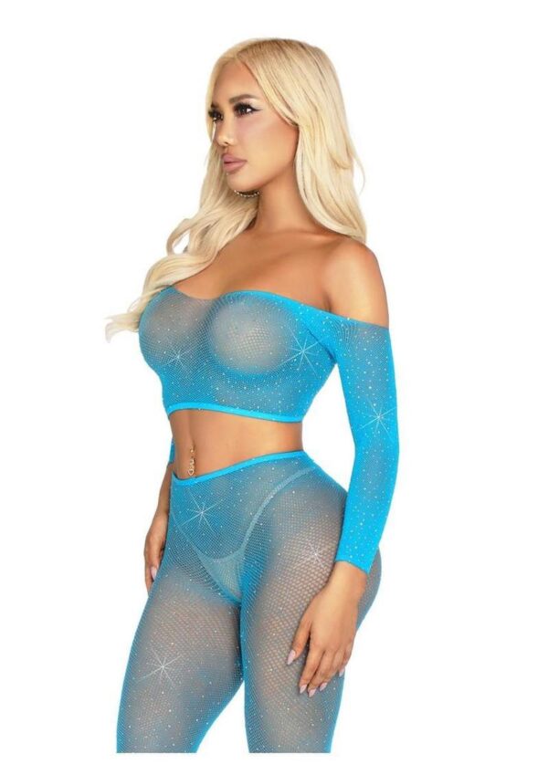 Leg Avenue Rhinestone Fishnet Crop Top and Footless Tights - O/S - Neon Blue - Image 2