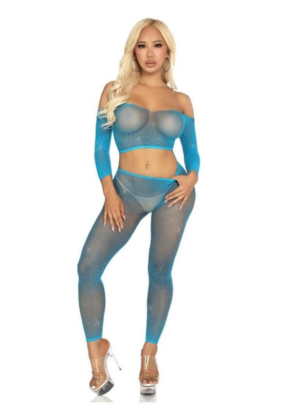 Leg Avenue Rhinestone Fishnet Crop Top and Footless Tights - O/S - Neon Blue - Image 4