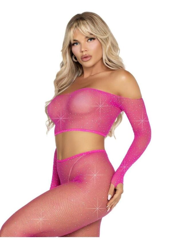 Leg Avenue Rhinestone Fishnet Crop Top and Footless Tights - Neon Pink - O/S - Image 2