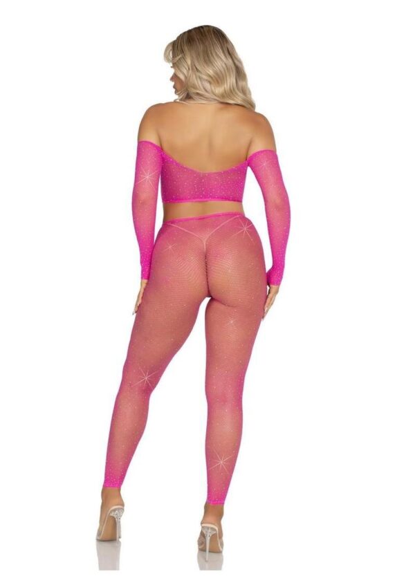 Leg Avenue Rhinestone Fishnet Crop Top and Footless Tights - Neon Pink - O/S - Image 3