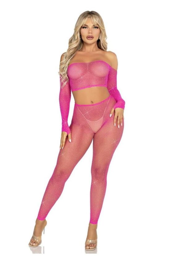 Leg Avenue Rhinestone Fishnet Crop Top and Footless Tights - Neon Pink - O/S - Image 4