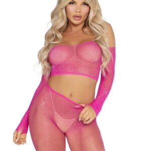 Leg Avenue Rhinestone Fishnet Crop Top and Footless Tights - Neon Pink - O/S