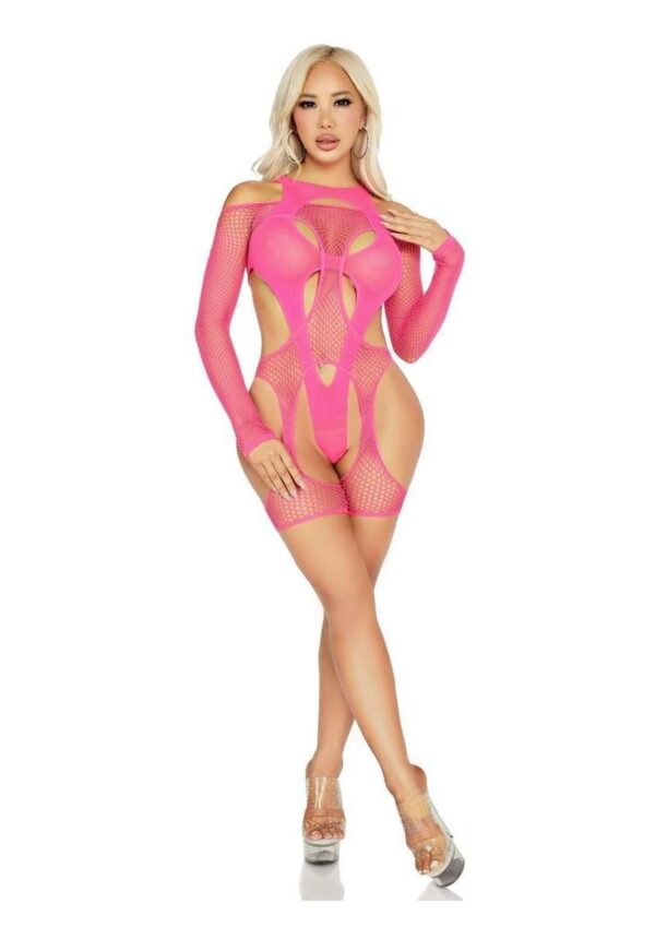 Leg Avenue Off-the-Shoulder Fishnet Garter Harness and Layered Opaque Cut-Out Teddy (2 Piece) - O/S - Image 4