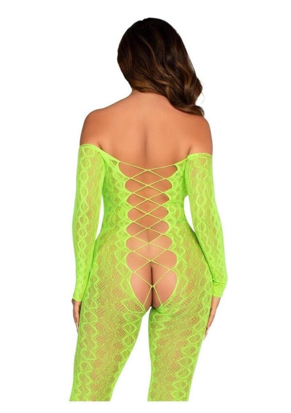 Leg Avenue Python Net Crotchless Footless Lingerie Jumpsuit with Faux Lace Up Detail - O/S- Neon Green - Image 3
