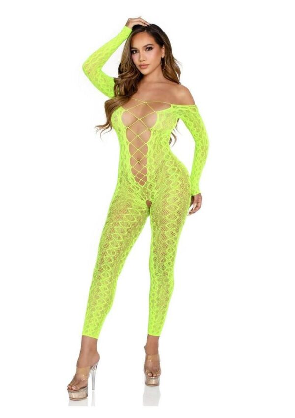 Leg Avenue Python Net Crotchless Footless Lingerie Jumpsuit with Faux Lace Up Detail - O/S- Neon Green - Image 4