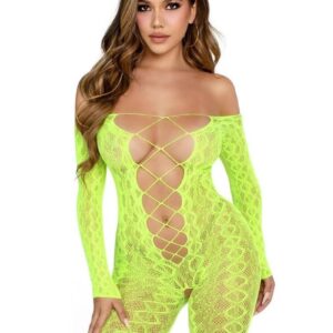 Leg Avenue Python Net Crotchless Footless Lingerie Jumpsuit with Faux Lace Up Detail - O/S- Neon Green