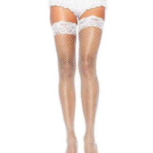 Leg Avenue Spandex Industrial Net Thigh Highs with Stay Up Silicone Lace Top - OS - White
