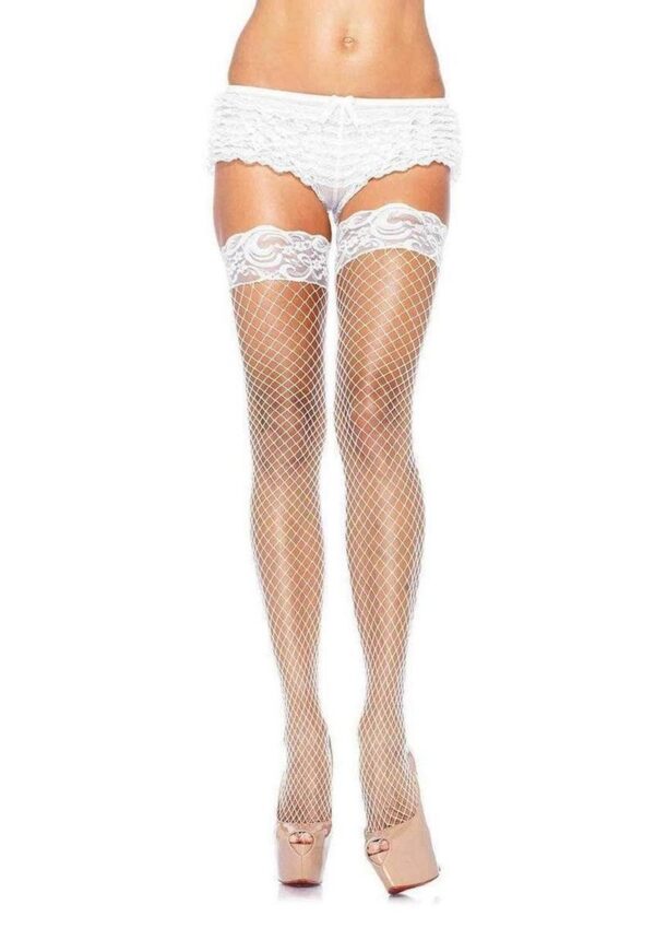 Leg Avenue Spandex Industrial Net Thigh Highs with Stay Up Silicone Lace Top - OS - White